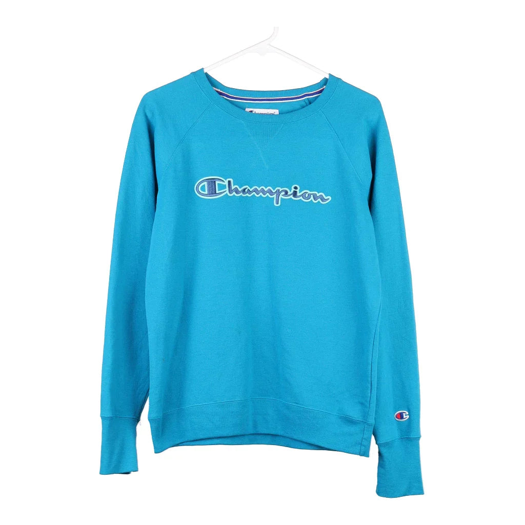 Champion Spellout Sweatshirt - Medium Blue Cotton Blend Hoodie with Logo Branding Identity Champion Spellout Sweatshirt - Medium Blue Cotton Blend Hoodie with Logo Branding Identity