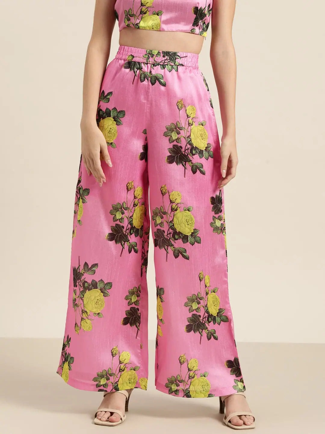 Pink Floral Polysilk Palazzo Pants Relaxed Fit Trousers