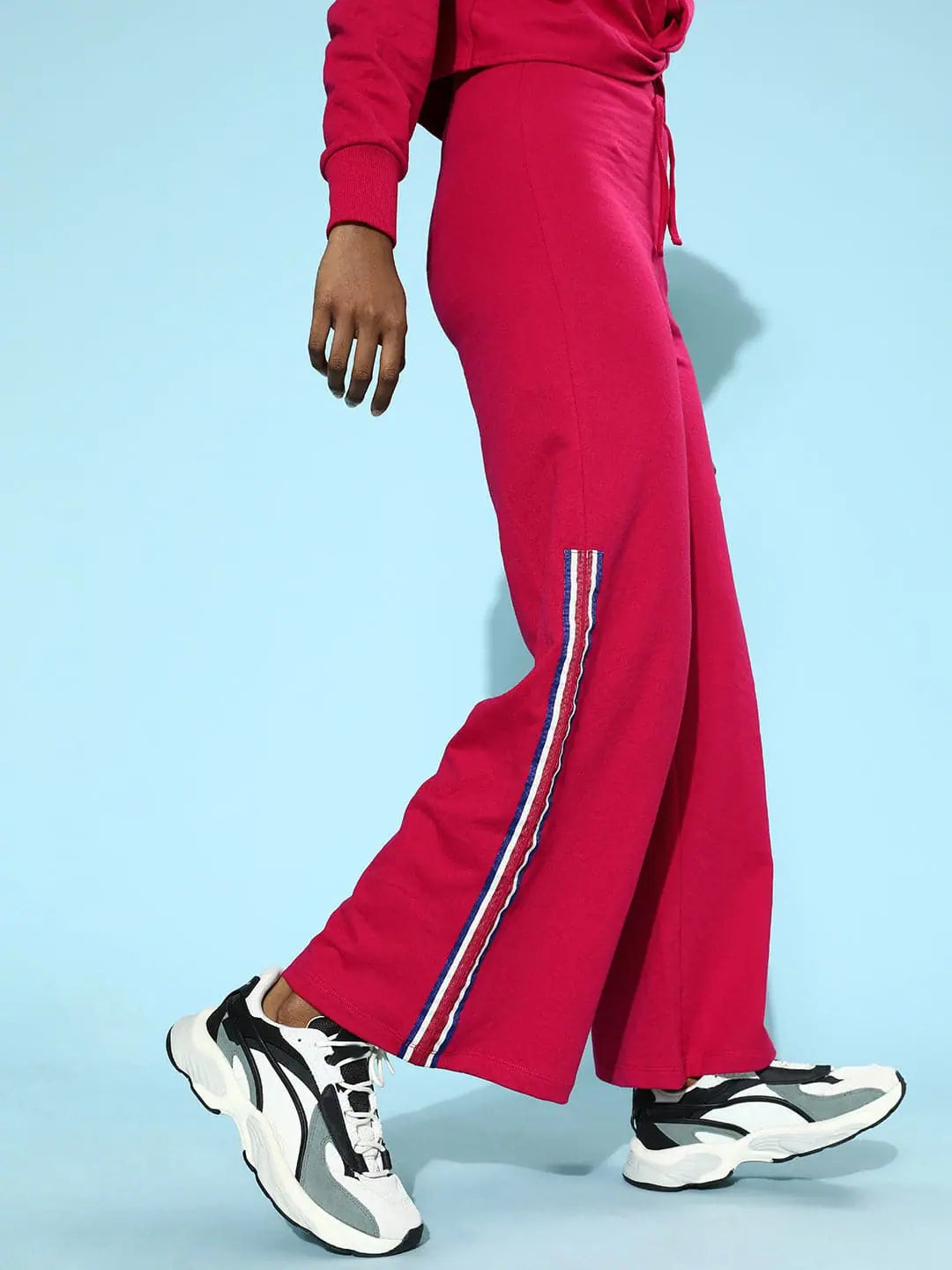 Fuchsia Terry Animal Tape Wide LegTrack Pants Chic Wool Trousers
