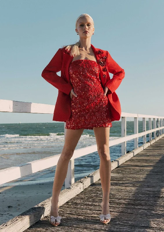 Sequin Strapless Mini Party Dress - Red Halter Neckline Beach