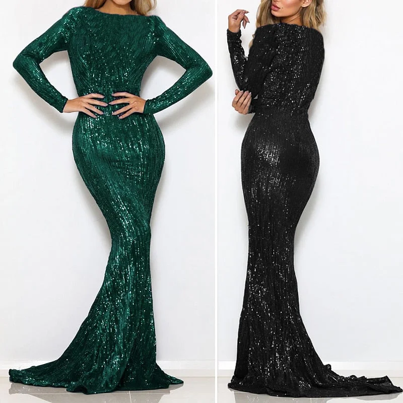 Enenthelabel O Neck Full Sleeved Maxi Dress Stretch Sequined Floor Length Evening Party Dress Tunics Formal black Enenthelabel O Neck Full Sleeved Maxi Dress Stretch Sequined Floor Length Evening Party Dress Tunics Formal black