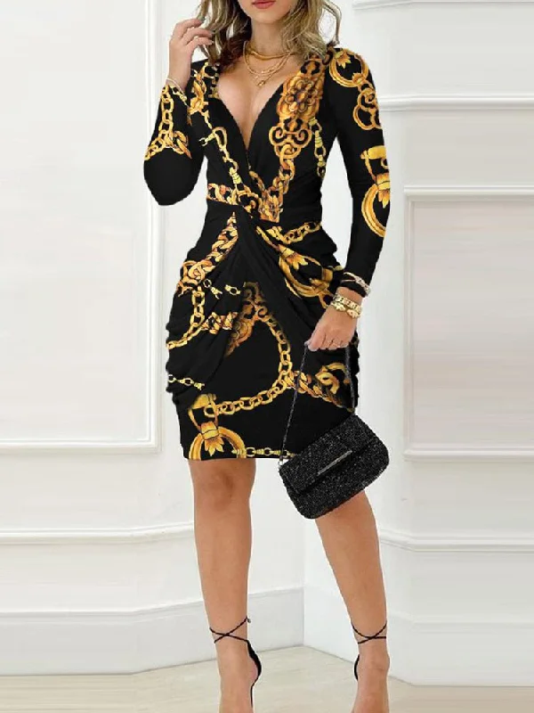 Baroque Chain Print Twist Detail Party Dress Women Long Sleeve Bodycon Dress Tunics Denim casual Baroque Chain Print Twist Detail Party Dress Women Long Sleeve Bodycon Dress Tunics Denim casual