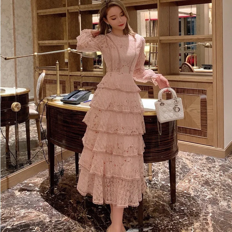 Summer Lace Flower Embroidery Long Cake Dress Women A-Line Long Sleeve Six Layers Ruffles Dress Runway Elegant Party Dress A383 Tunics stripes playful Summer Lace Flower Embroidery Long Cake Dress Women A-Line Long Sleeve Six Layers Ruffles Dress Runway Elegant Party Dress A383 Tunics stripes playful