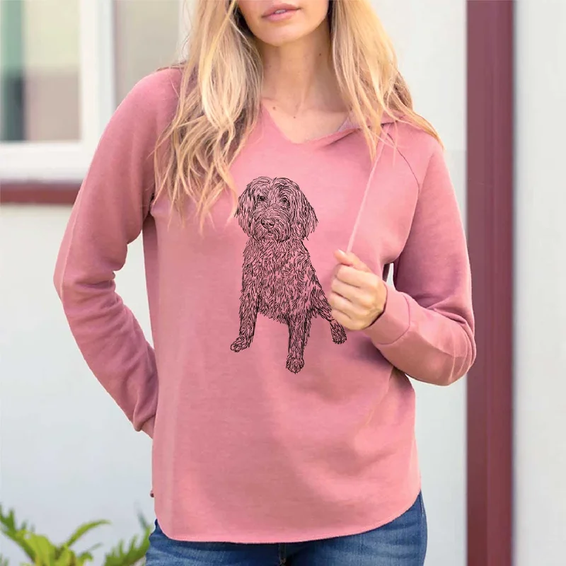 Doodled Lily the Goldendoodle - Cali Wave Hooded Sweatshirt Hoodie with Hem Fringe Bohemian Relaxed Doodled Lily the Goldendoodle - Cali Wave Hooded Sweatshirt Hoodie with Hem Fringe Bohemian Relaxed