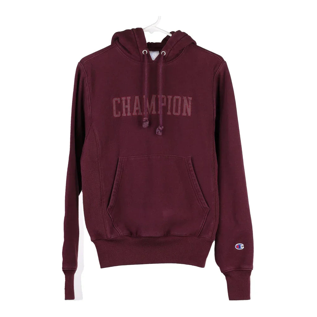 Reverse Weave Champion Spellout Hoodie - Small Burgundy Cotton Blend Hoodie with Hem Frayed Vintage Worn Reverse Weave Champion Spellout Hoodie - Small Burgundy Cotton Blend Hoodie with Hem Frayed Vintage Worn