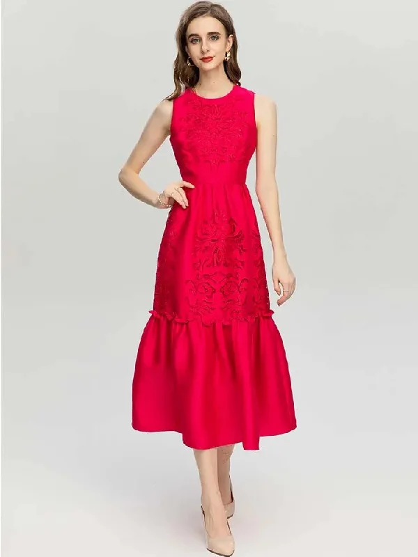 MoaaYina Fashion Designer dress Autumn Winter Women Dress Sleeveless High waist Hollow Embroidery Red Party Dresses Tunics Timeless classic MoaaYina Fashion Designer dress Autumn Winter Women Dress Sleeveless High waist Hollow Embroidery Red Party Dresses Tunics Timeless classic