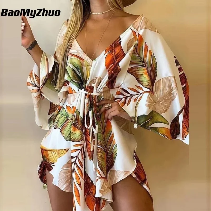 2023 New Summer Beach Elegant Dresses Women Sexy V Neck Lace-up Floral Print Mini Dress Casual Flared Sleeves Ladies Party Dress Tunics Chinos classic 2023 New Summer Beach Elegant Dresses Women Sexy V Neck Lace-up Floral Print Mini Dress Casual Flared Sleeves Ladies Party Dress Tunics Chinos classic