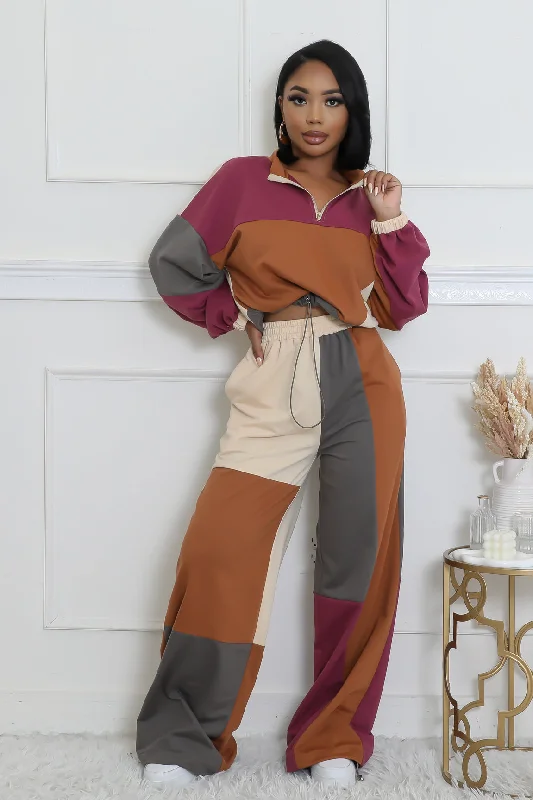 28273P - ZIPPER MOCK NECK TOP & PANTS SET (4PCS) High-Waist Trousers