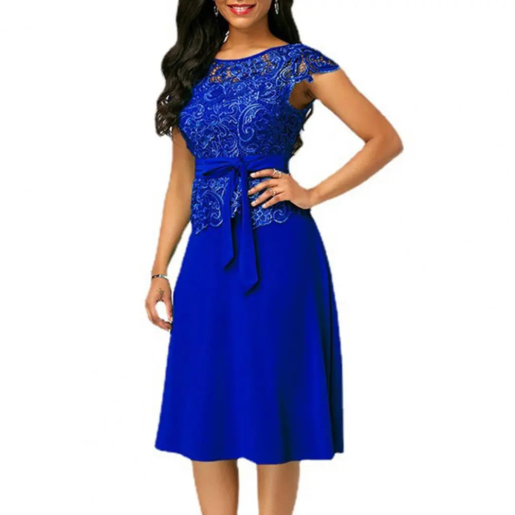 2022 Summer Formal Dress Women Fashion Bow Lace Maxi Dress with Belt Short Sleeve A-Line Dress Solid Knee Length Party Dress Tunics Essential wardrobe 2022 Summer Formal Dress Women Fashion Bow Lace Maxi Dress with Belt Short Sleeve A-Line Dress Solid Knee Length Party Dress Tunics Essential wardrobe