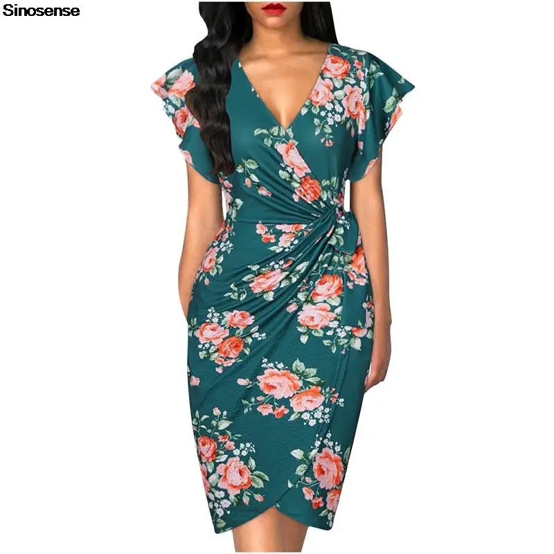 Women Vintage Floral Cocktail Party Dress Sexy V Neck Ruffle Sleeve Ruched Slim Pencil Dress OL Business Work Office Midi Dress Tunics Review highly Women Vintage Floral Cocktail Party Dress Sexy V Neck Ruffle Sleeve Ruched Slim Pencil Dress OL Business Work Office Midi Dress Tunics Review highly