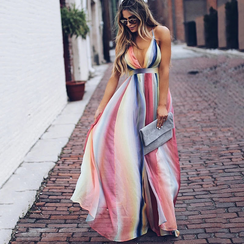 Halter long chiffon dress Bohemian rainbow printed women maxi dress Fashion sexy v neck club party dresses vestidos mujer Tunics Occasion special Halter long chiffon dress Bohemian rainbow printed women maxi dress Fashion sexy v neck club party dresses vestidos mujer Tunics Occasion special