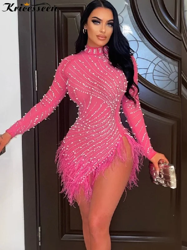 Kricesseen Luxury Rhinestones & Pearls Feather Mini Dress New Spring Women Sheer Mesh Sequins Short Party Dress Birthday Outfits Tunics Long Elegant Kricesseen Luxury Rhinestones & Pearls Feather Mini Dress New Spring Women Sheer Mesh Sequins Short Party Dress Birthday Outfits Tunics Long Elegant