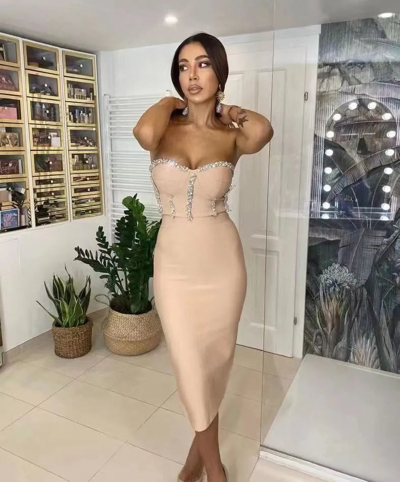 High Quality Red Khaki Black Strapless Crystal Beading Rayon Bandage Dress Elegant Club Party Dress Vestidos Tunics Fall fleece High Quality Red Khaki Black Strapless Crystal Beading Rayon Bandage Dress Elegant Club Party Dress Vestidos Tunics Fall fleece