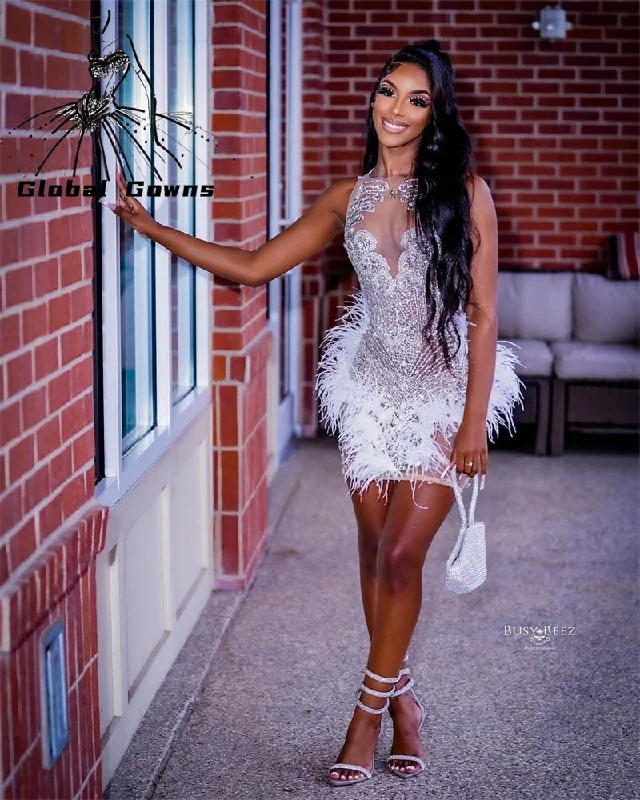 White Feathers Short Prom Dress For Black Girls Beaded Crystal Birthday Party Dresses Mermaid Mini Abiti Da Cocktail Homecoming Tunics Top Casual White Feathers Short Prom Dress For Black Girls Beaded Crystal Birthday Party Dresses Mermaid Mini Abiti Da Cocktail Homecoming Tunics Top Casual