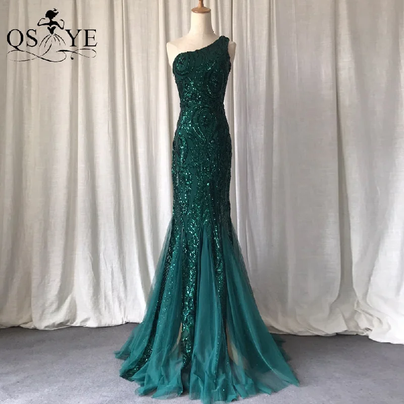 One Shoulder Emerald Evening Dresses Green Sequined Long Mermaid Prom Gown Glitter Elegant Party Dress Pattern Lace Formal Dress Tunics Satin smooth One Shoulder Emerald Evening Dresses Green Sequined Long Mermaid Prom Gown Glitter Elegant Party Dress Pattern Lace Formal Dress Tunics Satin smooth