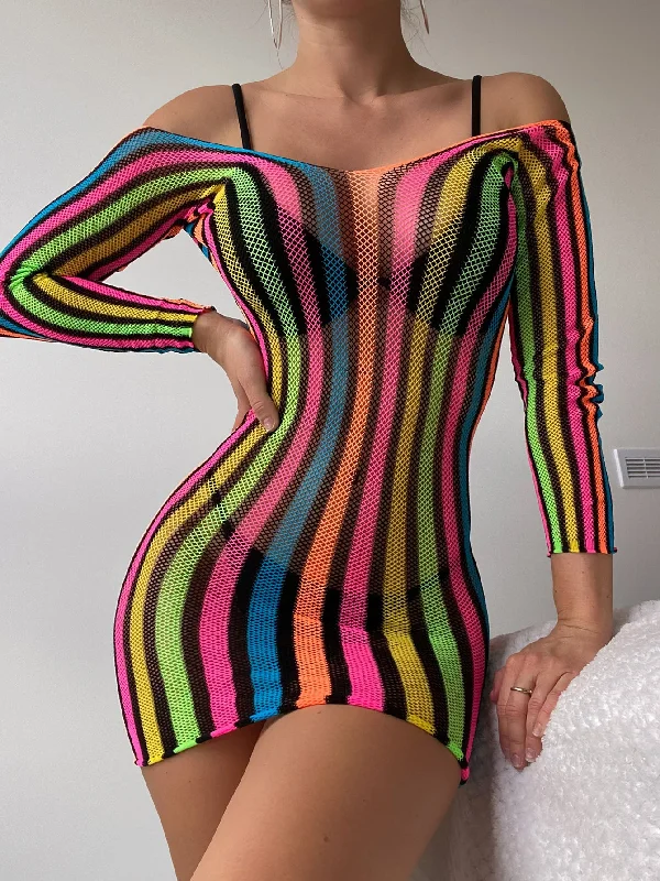 Stunning Fish Net Teddy Dress Semi-Sheer Rainbow Striped Party Dress Women Lingerie Dresses Tunics Lace romantic Stunning Fish Net Teddy Dress Semi-Sheer Rainbow Striped Party Dress Women Lingerie Dresses Tunics Lace romantic