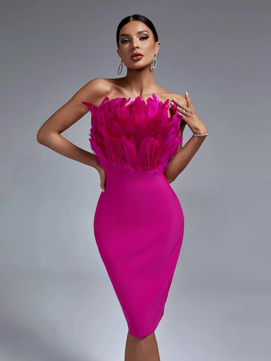 Pink Bandage Dress Women Feather Party Dress Bodycon Elegant Midi Sexy Strapless Evening Birthday Club Outfits Summer 2023 Cowl Neckline Elegant Pink Bandage Dress Women Feather Party Dress Bodycon Elegant Midi Sexy Strapless Evening Birthday Club Outfits Summer 2023 Cowl Neckline Elegant