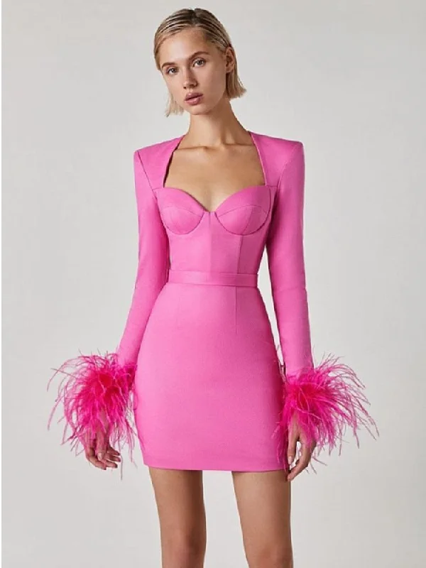 Women Winter Sexy Long Sleeve Feathers Hot Pink Black Mini Bodycon Bandage Dress 2022 Elegant Evening Party Dress Tunics Timeless classic Women Winter Sexy Long Sleeve Feathers Hot Pink Black Mini Bodycon Bandage Dress 2022 Elegant Evening Party Dress Tunics Timeless classic