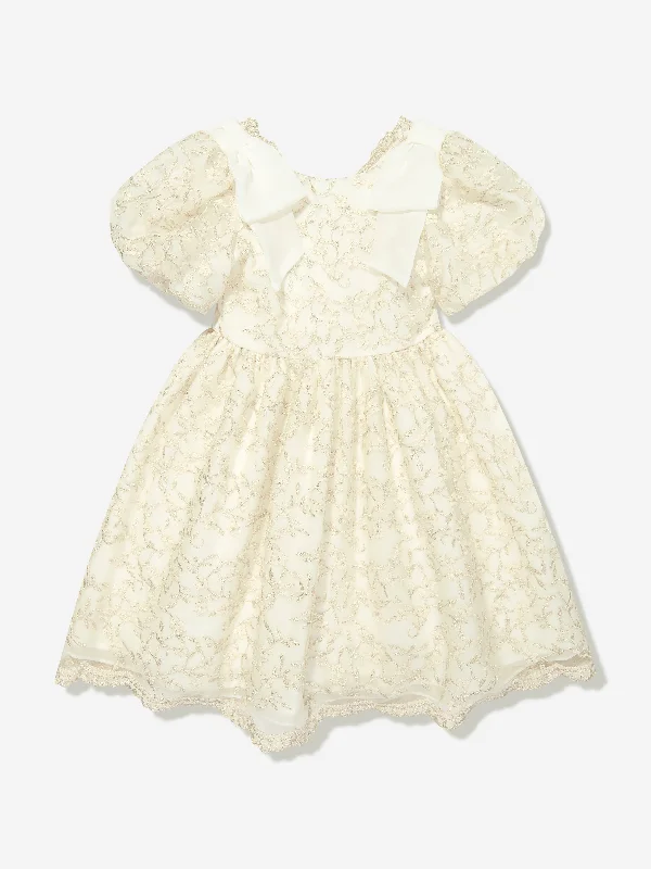 Patachou Girls Embroidered Party Dress in Gold Satin Halter Glamorous