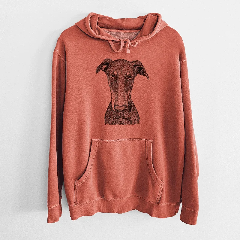 Bare Princess Fiona the Doberman Pinscher - Unisex Pigment Dyed Hoodie Hoodie with Mock Neck Collared Structured Bare Princess Fiona the Doberman Pinscher - Unisex Pigment Dyed Hoodie Hoodie with Mock Neck Collared Structured