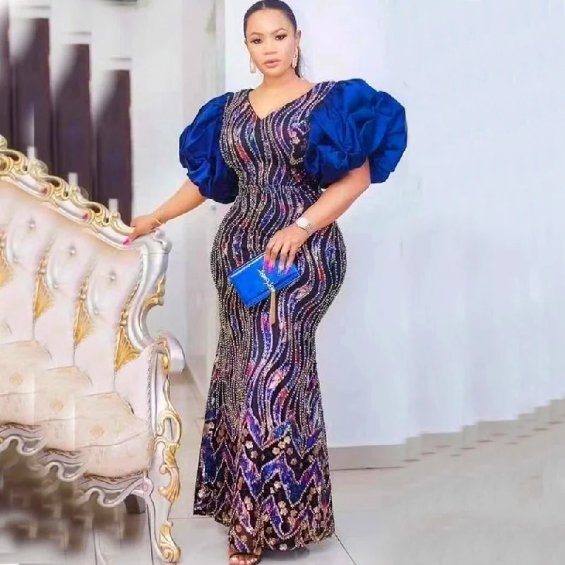 Sexy African Wedding Dresses for Women Puff Sleeve Plus Size Turkey Sequin Evening Party Dress Tunics Yoga stretchy Sexy African Wedding Dresses for Women Puff Sleeve Plus Size Turkey Sequin Evening Party Dress Tunics Yoga stretchy
