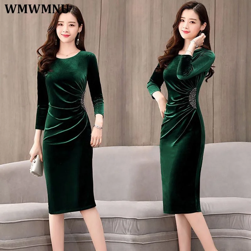 Sexy Slim Pleated Sequin Velvet Dress Women Elegant Long Sleeve Korean Evening Party Dresses Vintage Knee Length Vestido Festa Tunics Leisure comfortable Sexy Slim Pleated Sequin Velvet Dress Women Elegant Long Sleeve Korean Evening Party Dresses Vintage Knee Length Vestido Festa Tunics Leisure comfortable