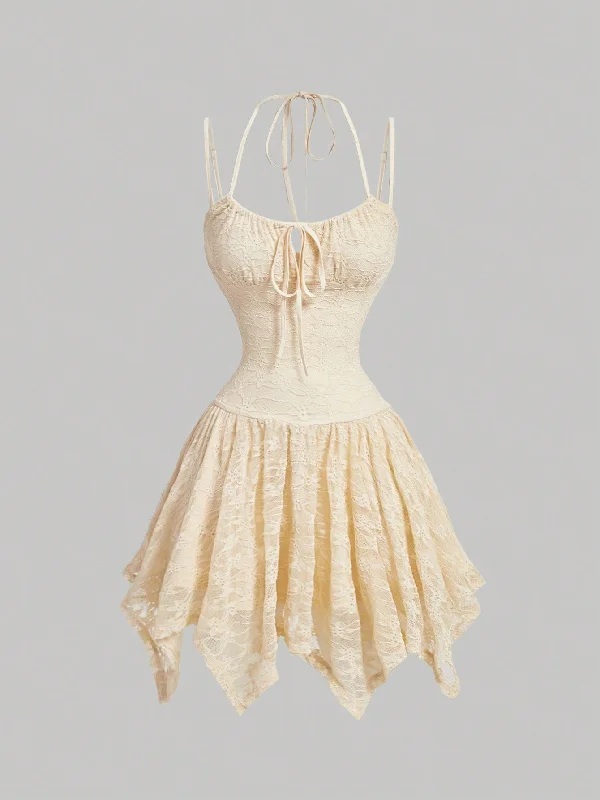 SHEIN MOD Apricot Lace Easter Holiday Party Dress With Ribbon Bow Tie, Irregular Hem For Summer,Party Dress,Bridgerton Style,Milkmaid Style,Flowy Dress Off-the-shoulder Chic Trendy