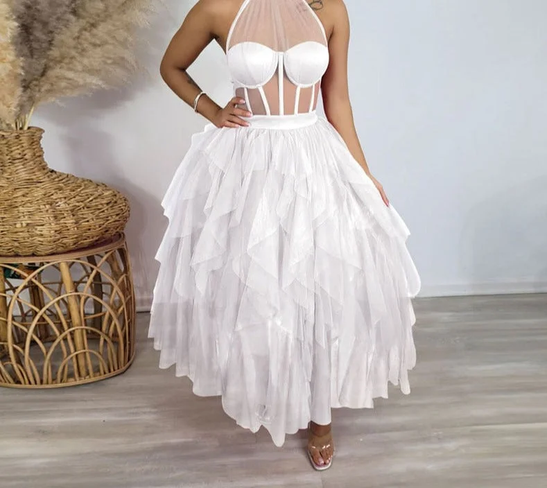 Women Sexy Solid Color See Through Mesh Patchwork Halter Backless Ruffles Decor Party Dress Tunics Cozy soft Women Sexy Solid Color See Through Mesh Patchwork Halter Backless Ruffles Decor Party Dress Tunics Cozy soft