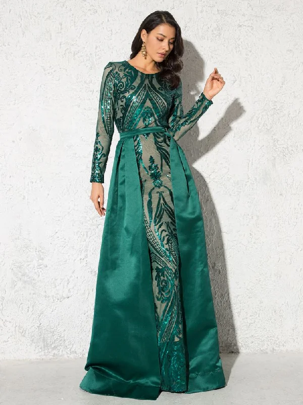 Green Sequined O Neck Full Sleeved Evening Party Dress Stretchy Floor Length Ball Gown with Detachable Train Burgundy Tunics Custom made Green Sequined O Neck Full Sleeved Evening Party Dress Stretchy Floor Length Ball Gown with Detachable Train Burgundy Tunics Custom made