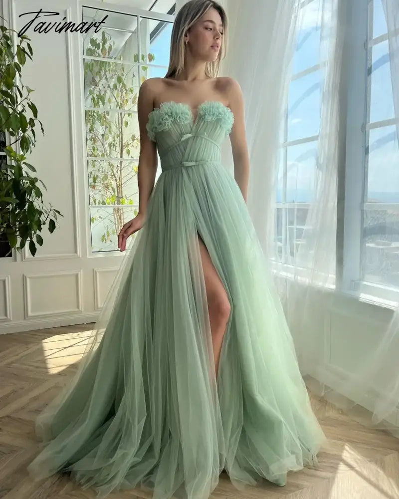 TAVIMART  -  Sage Green Tulle Prom Dress for Women Sexy Off Shoulder Leg Split Sleeveless Evening Party Dresses Beautiful Women's Outfit Robe Tunics stripes playful