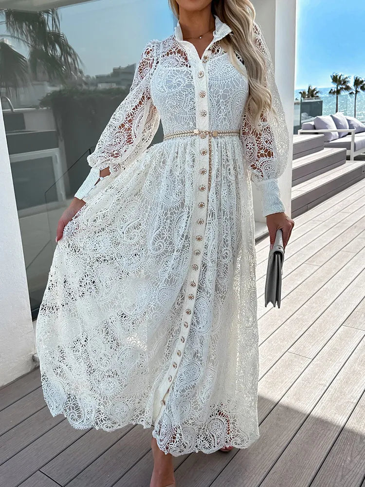 2023 Women Spring Summer Single-Breasted Maxi Dress Hollow Out Lace Patchwork Fashion Ladies Party Dress Streetwear Dropshipping Lace Sexy Club 2023 Women Spring Summer Single-Breasted Maxi Dress Hollow Out Lace Patchwork Fashion Ladies Party Dress Streetwear Dropshipping Lace Sexy Club