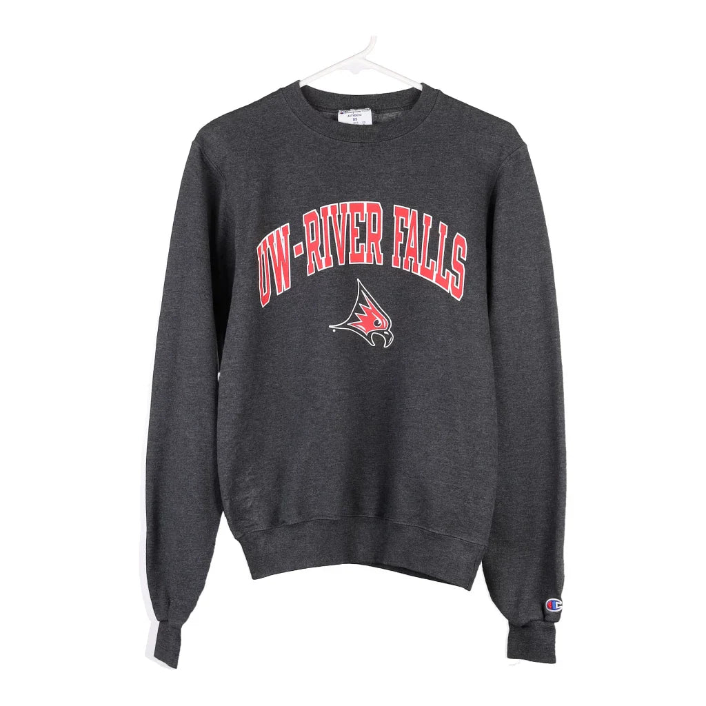 UW River Falls Champion Sweatshirt - XS Grey Cotton Blend Hoodie with Hem Patch Decorative Personalized UW River Falls Champion Sweatshirt - XS Grey Cotton Blend Hoodie with Hem Patch Decorative Personalized