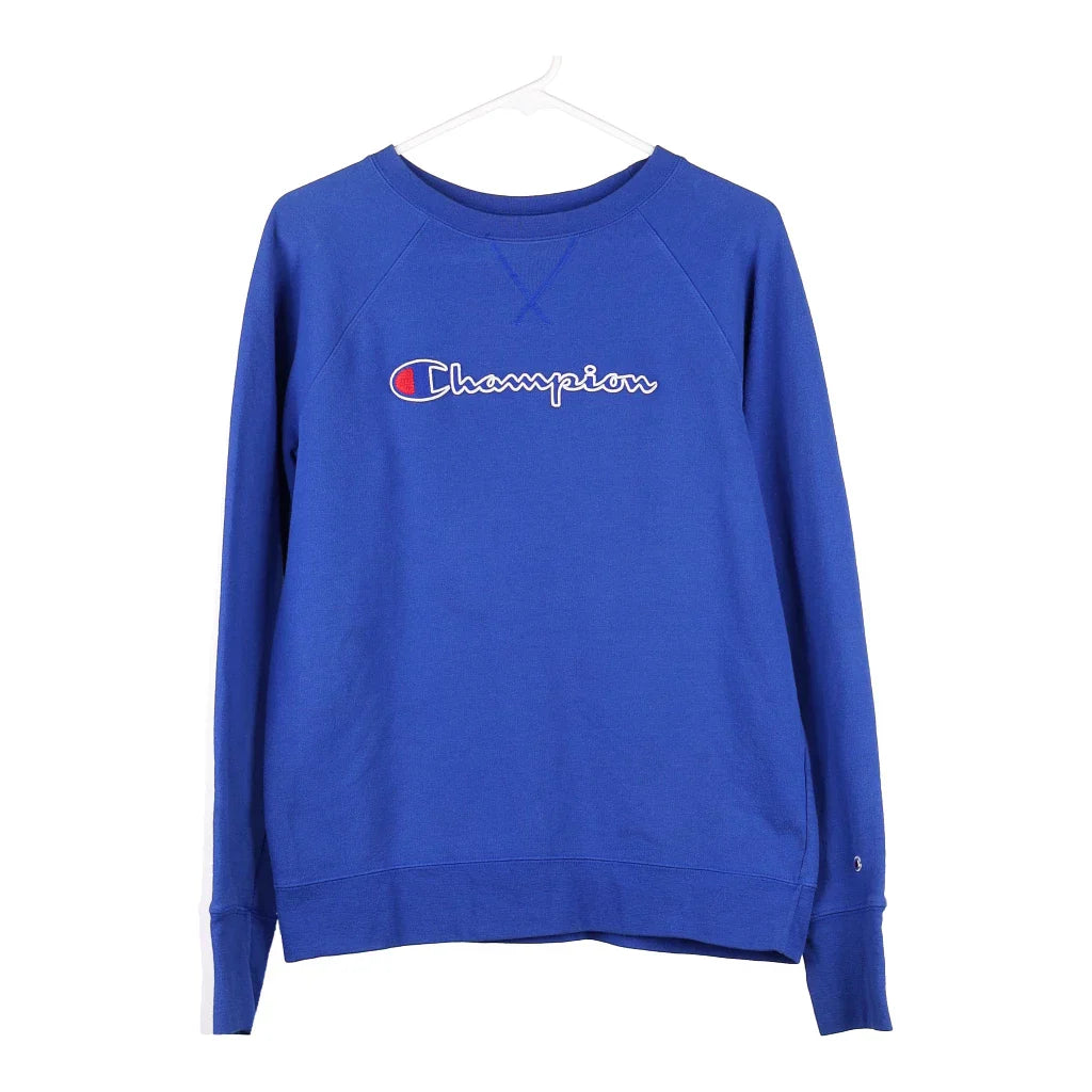 Champion Spellout Sweatshirt - Medium Blue Cotton Blend Hoodie with Hood Adjustable Protection Champion Spellout Sweatshirt - Medium Blue Cotton Blend Hoodie with Hood Adjustable Protection