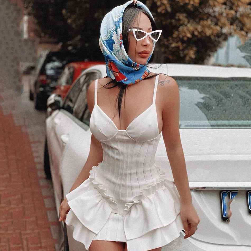 Women‘s Bandage Dress Spaghetti Strap Sleeveless Ruffles Bodycon V-Neck Mini White Sexy Elegant Nightclub Evening Party Dresses Tunics Floral girly Women‘s Bandage Dress Spaghetti Strap Sleeveless Ruffles Bodycon V-Neck Mini White Sexy Elegant Nightclub Evening Party Dresses Tunics Floral girly