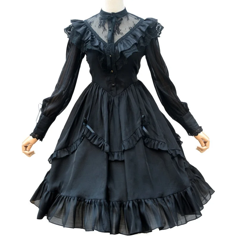 Vintage Long Sheer Sleeve Casual Dress Lace Ruffled Illusion Neck Midi Gothic Party Dress Tunics Practical durable Vintage Long Sheer Sleeve Casual Dress Lace Ruffled Illusion Neck Midi Gothic Party Dress Tunics Practical durable
