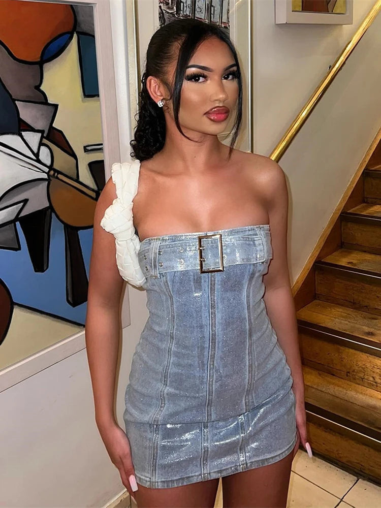 TAVIMART  -  Summer Fashion Sexy Denim Belt Zip Mini Dress Birthday Club Outfit For Women 2024 Strapless Backless Bodycon Party Dress Square Neckline Feminine