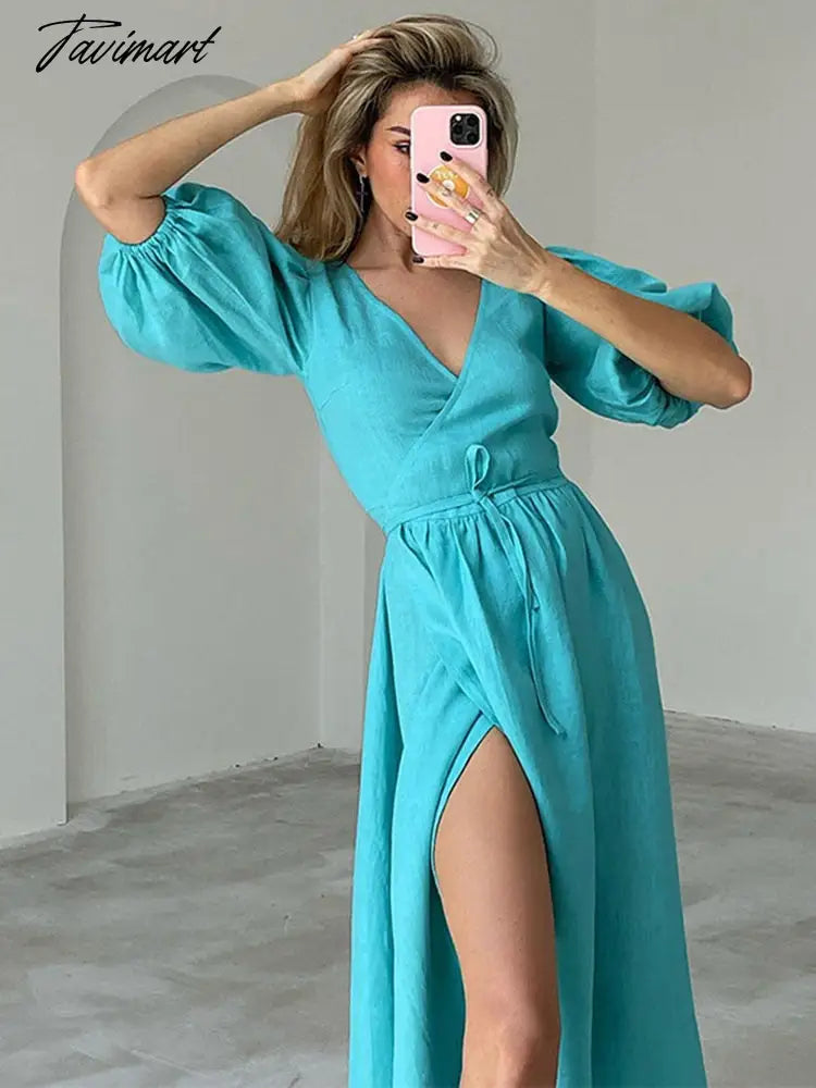 Tavimart Summer Elegant Half Puff Sleeve Maxi Dresses for Women Outfits Sexy V Neck Split Straight Bodycon Casual Club Party Dress Turtleneck Neckline Stylish