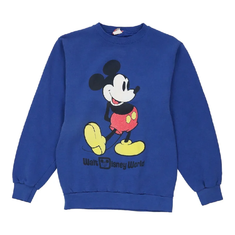 Mickey Mouse Disney Cartoon Sweatshirt - Small Blue Cotton Blend Hoodie with Slit Hem Functional Movement Mickey Mouse Disney Cartoon Sweatshirt - Small Blue Cotton Blend Hoodie with Slit Hem Functional Movement