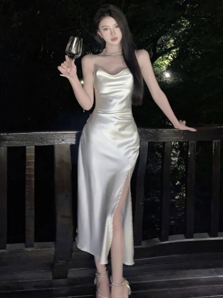 Elegant Party Dress For Women 2023 Satin Solid High Split Swinging Collar Spaghetti Strap Korean Chic Fashion Evening Dresses Halter Neckline Beach Elegant Party Dress For Women 2023 Satin Solid High Split Swinging Collar Spaghetti Strap Korean Chic Fashion Evening Dresses Halter Neckline Beach