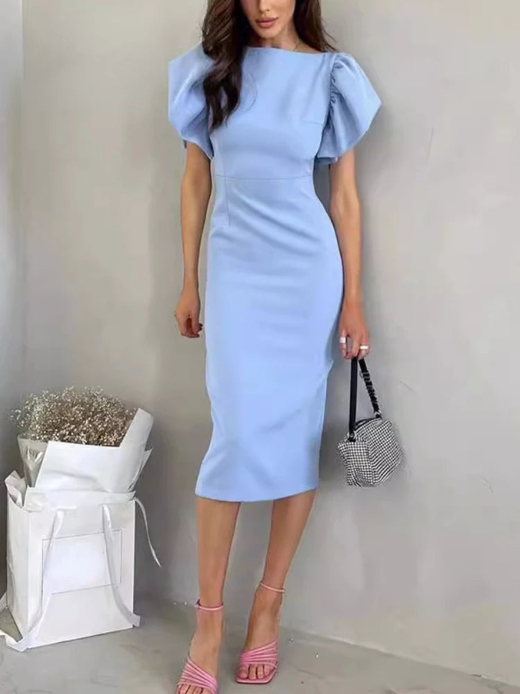 New in Summer Women Dress Elegant Ruffle Sleeve Office Ladies Bodycon Dress Chic Blue Slit Hip Skirts Midi Party Dress for Women Tunics Brand named New in Summer Women Dress Elegant Ruffle Sleeve Office Ladies Bodycon Dress Chic Blue Slit Hip Skirts Midi Party Dress for Women Tunics Brand named