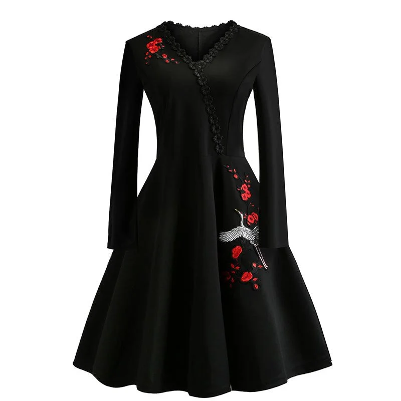 Women Embroidery Vintage Dress Black Elegant Bodycon Party Dresses Turtleneck Warm Winter Women Embroidery Vintage Dress Black Elegant Bodycon Party Dresses Turtleneck Warm Winter