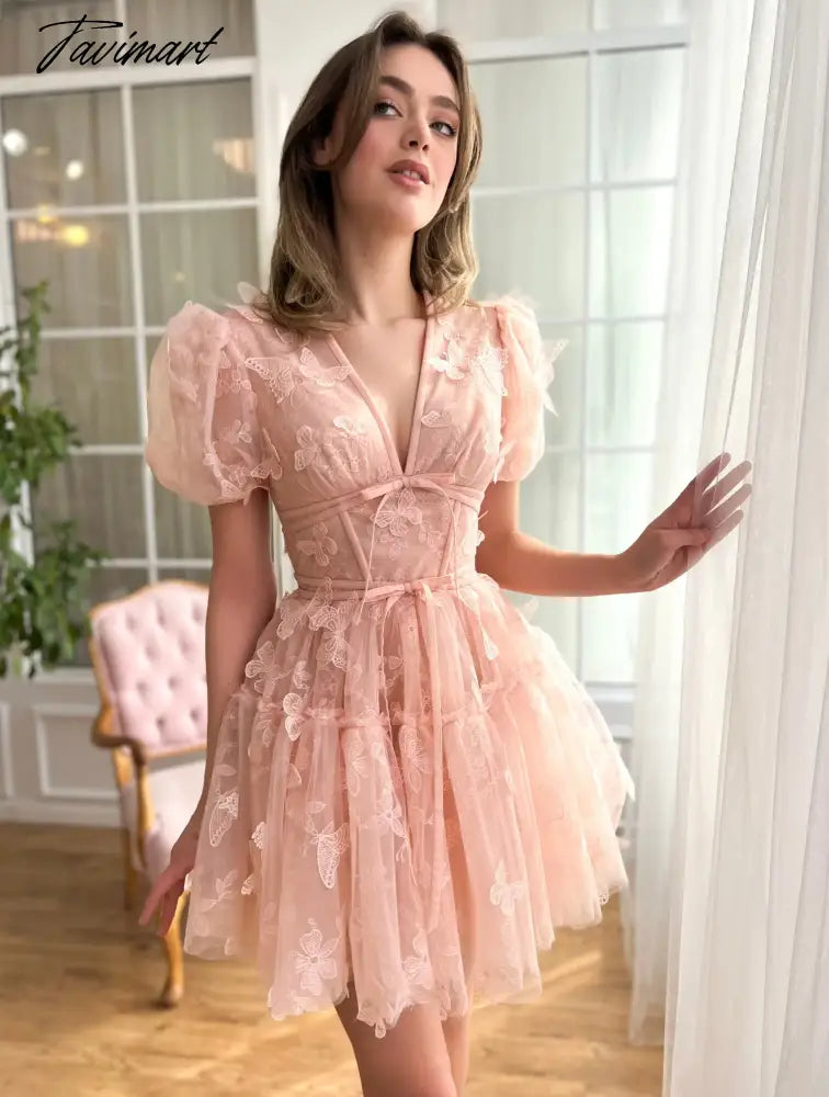 TAVIMART  -  Sakura Pink 3D Butterfly Girl Prom Gown V-neck Puff Short Sleeve Birthday Evening Party Dress for Women Out Going Spring Outfit Tunics Polka dots