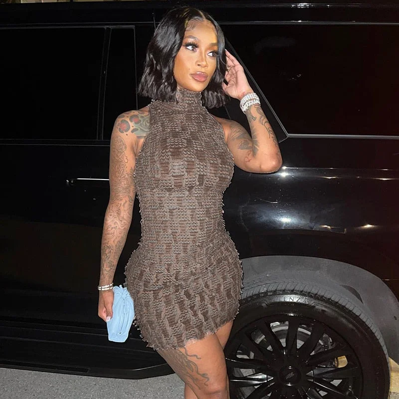 Mesh Tassel Bodycon Mini Party Dress Women Sexy High Neck Sleeveless Slim Night Clubwear Casual Streetwear Y2K Clothes Halter Neckline Beach Mesh Tassel Bodycon Mini Party Dress Women Sexy High Neck Sleeveless Slim Night Clubwear Casual Streetwear Y2K Clothes Halter Neckline Beach