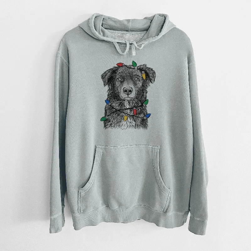 Christmas Lights Pixel the Australian Shepherd - Unisex Pigment Dyed Hoodie Hoodie with Ribbed Neckline Snug Warm Christmas Lights Pixel the Australian Shepherd - Unisex Pigment Dyed Hoodie Hoodie with Ribbed Neckline Snug Warm