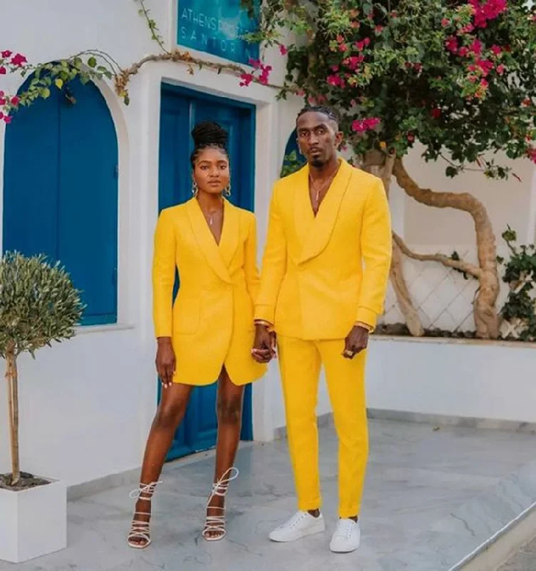 Men's Suit 2 Piece Groom Wedding Tuxedo Formal Yellow Pant Suit Solid Color Summer Casual Party Dress Tunics Stylish modern Men's Suit 2 Piece Groom Wedding Tuxedo Formal Yellow Pant Suit Solid Color Summer Casual Party Dress Tunics Stylish modern
