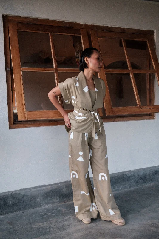 The Terra Tribe Khaki Triangle Printed Friday Flared Pants Soft Stretch Trousers