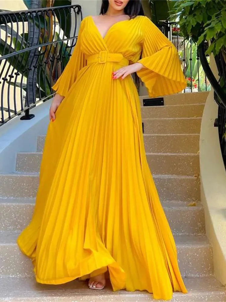 Sexy V-Neck Pleated Dinner Party Dress Women Yellow Elegant with Belt Long Sleeve Robe Femme African Maxi Red Vestido Tunics Top rated Sexy V-Neck Pleated Dinner Party Dress Women Yellow Elegant with Belt Long Sleeve Robe Femme African Maxi Red Vestido Tunics Top rated