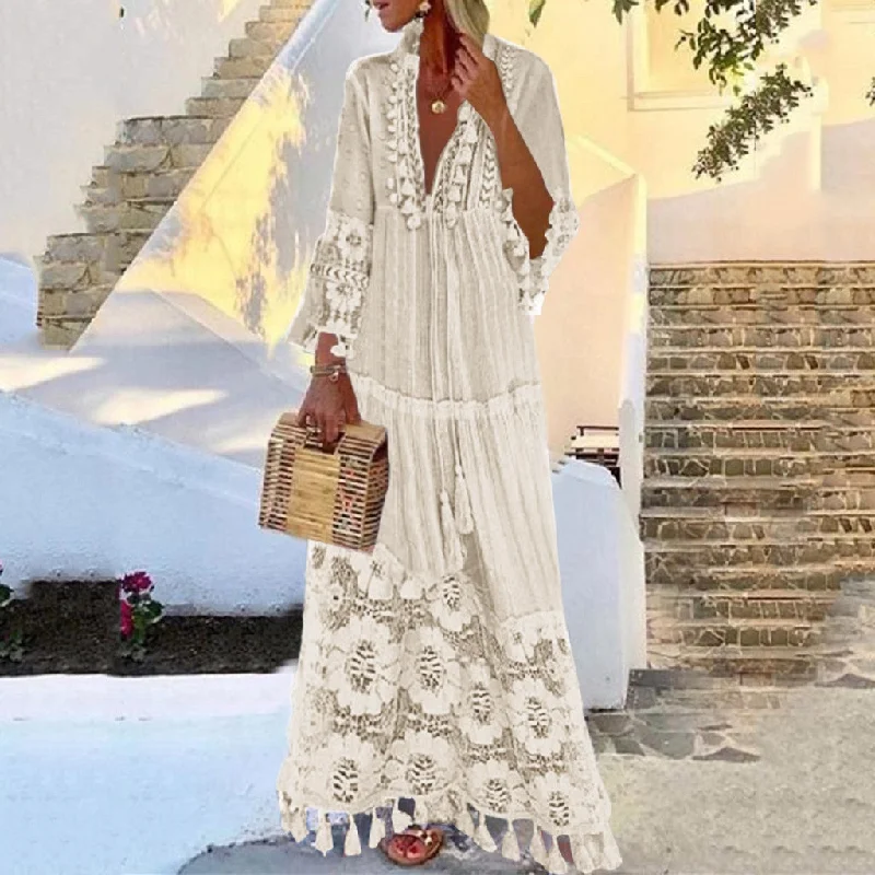 New Bohemian Women Lace Tassel Dress 2023 Summer Sexy V Neck Solid Short Sleeve Maxi Long Beach Party Dresses Oversized Vestidos Tunics Seasonal trendy New Bohemian Women Lace Tassel Dress 2023 Summer Sexy V Neck Solid Short Sleeve Maxi Long Beach Party Dresses Oversized Vestidos Tunics Seasonal trendy