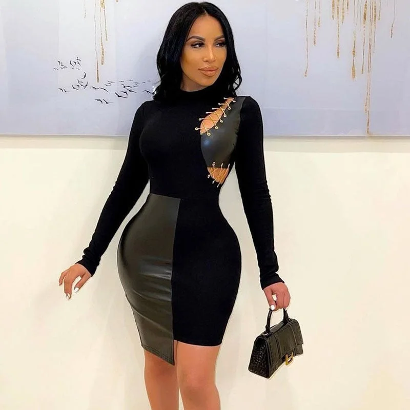 Sexy PU Leather Patchwork Bodycon Party Dress Women Elegant Lace-up Hollow Out Irregular Club Dresses Long Sleeve Mini Dress Tunics stripes playful Sexy PU Leather Patchwork Bodycon Party Dress Women Elegant Lace-up Hollow Out Irregular Club Dresses Long Sleeve Mini Dress Tunics stripes playful