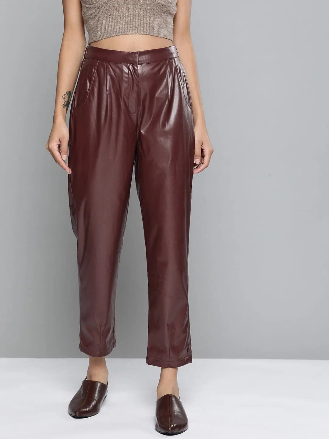 Burgundy PU Tailored Pants Cozy Maternity Pants